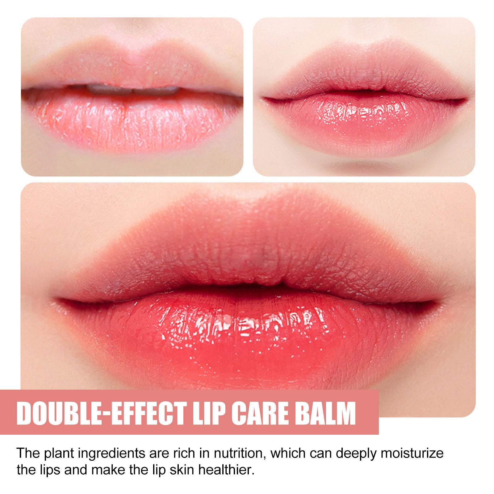 Close-up images of lips showing hydrated and healthy appearance after using double-effect lip care balm