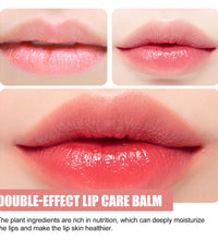 Close-up images of lips showing hydrated and healthy appearance after using double-effect lip care balm