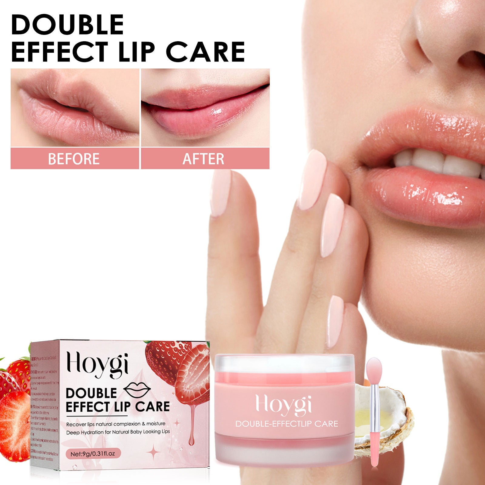 Hoygi double effect lip care balm with before and after lips showing hydrated glossy results