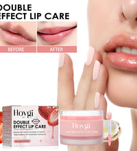 Hoygi double effect lip care balm with before and after lips showing hydrated glossy results