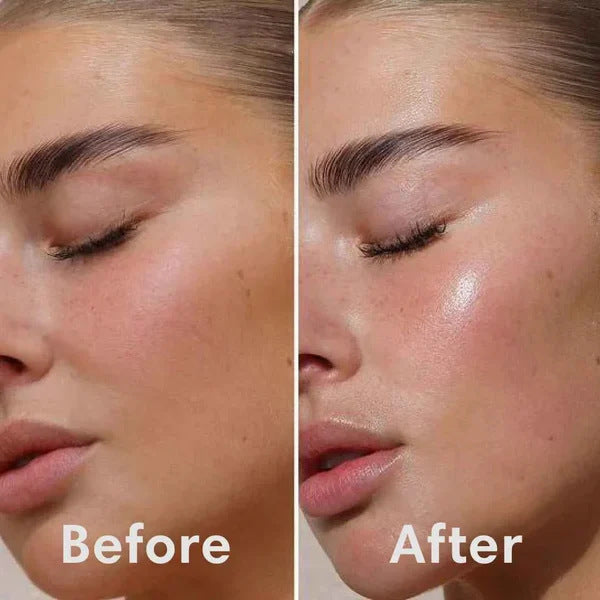 Before and after close-up of woman's face showing effects of anti-wrinkle overnight mask on skin texture