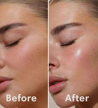 Before and after close-up of woman's face showing effects of anti-wrinkle overnight mask on skin texture