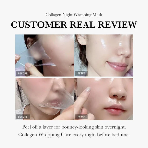 Before and after images showing smooth skin results using anti-wrinkle overnight mask with collagen care