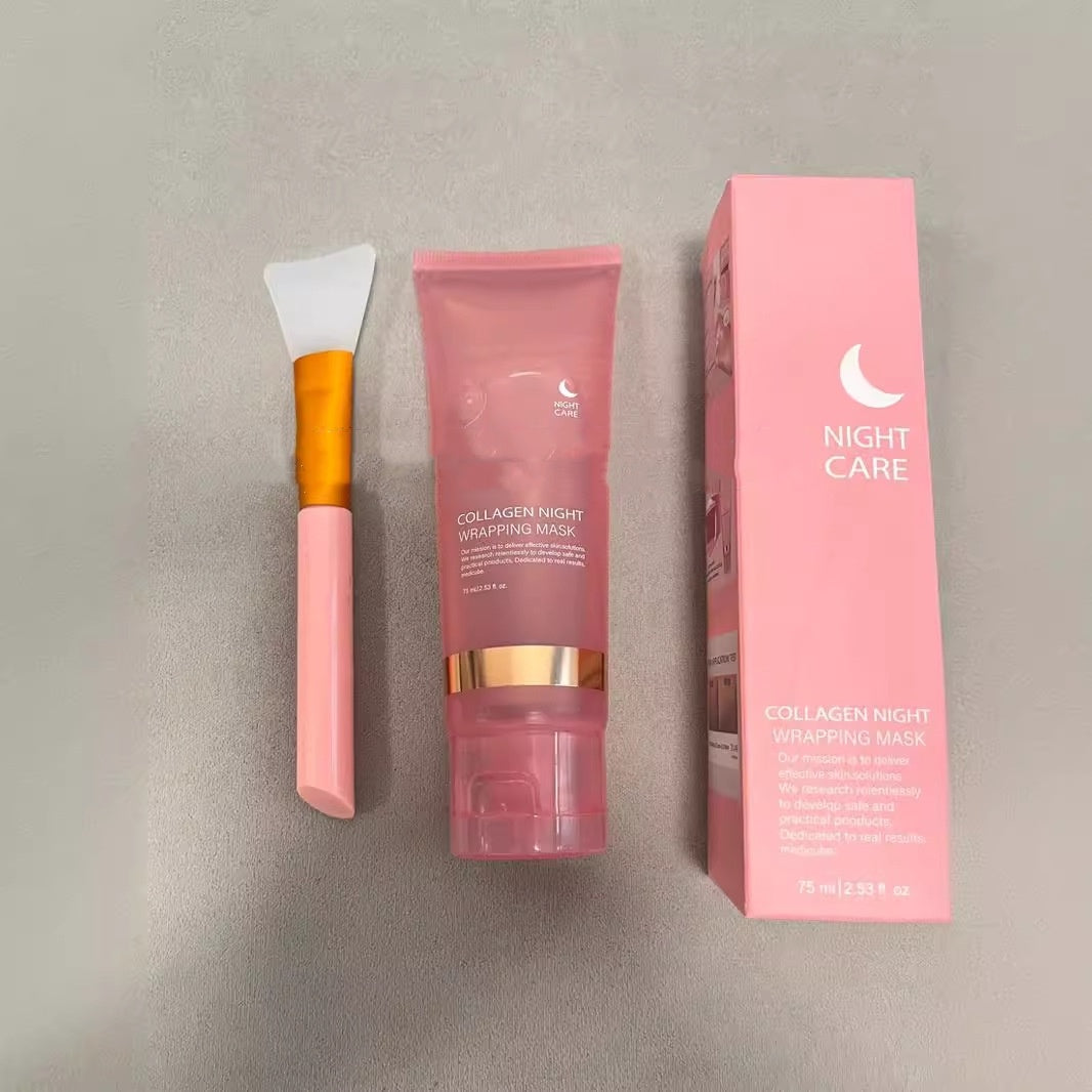 Pink collagen night wrapping mask with applicator and box for anti-wrinkle overnight mask skincare