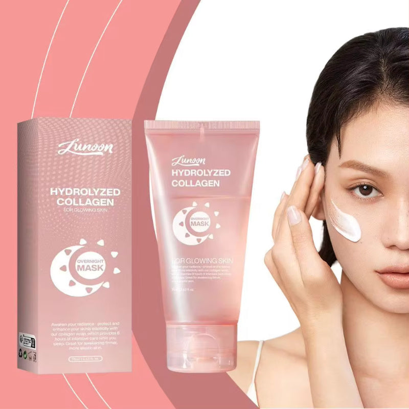 Hydrolyzed collagen anti-wrinkle overnight mask tube and box with woman applying cream to face