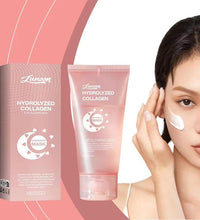 Hydrolyzed collagen anti-wrinkle overnight mask tube and box with woman applying cream to face