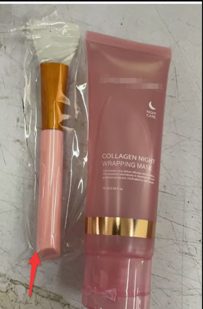 Pink collagen night wrapping mask tube with gold detail and a pink brush for applying anti-wrinkle overnight mask