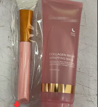 Pink collagen night wrapping mask tube with gold detail and a pink brush for applying anti-wrinkle overnight mask