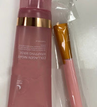 Pink tube of collagen night wrapping mask with gold band and a pink brush in plastic packaging anti-wrinkle overnight mask