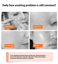 Close-up images showing common face washing problems including acne, large pores, dry tight skin, and glossy oily skin