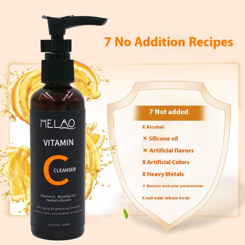 Melao Vitamin C Cleanser bottle with rosehip oil and herbal infusion showing 7 no addition ingredients