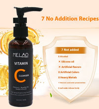 Melao Vitamin C Cleanser bottle with rosehip oil and herbal infusion showing 7 no addition ingredients