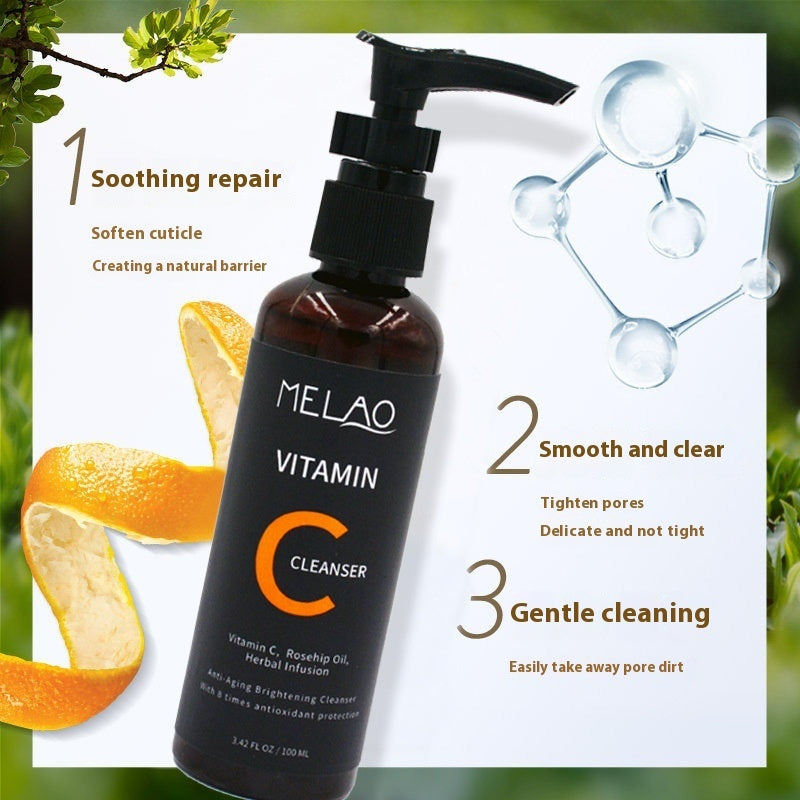 MELAO Vitamin C Cleanser bottle with pump featuring orange peel and molecular graphic for skin soothing repair and gentle cleaning