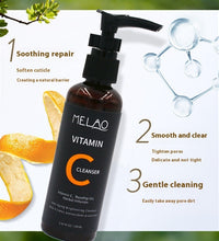 MELAO Vitamin C Cleanser bottle with pump featuring orange peel and molecular graphic for skin soothing repair and gentle cleaning
