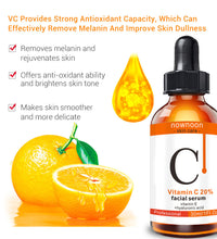 Hyaluronic acid vitamin C serum bottle with orange slice and drop illustrating antioxidant and skin brightening benefits