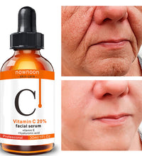Hyaluronic acid vitamin C serum bottle with before and after images showing improved facial skin texture