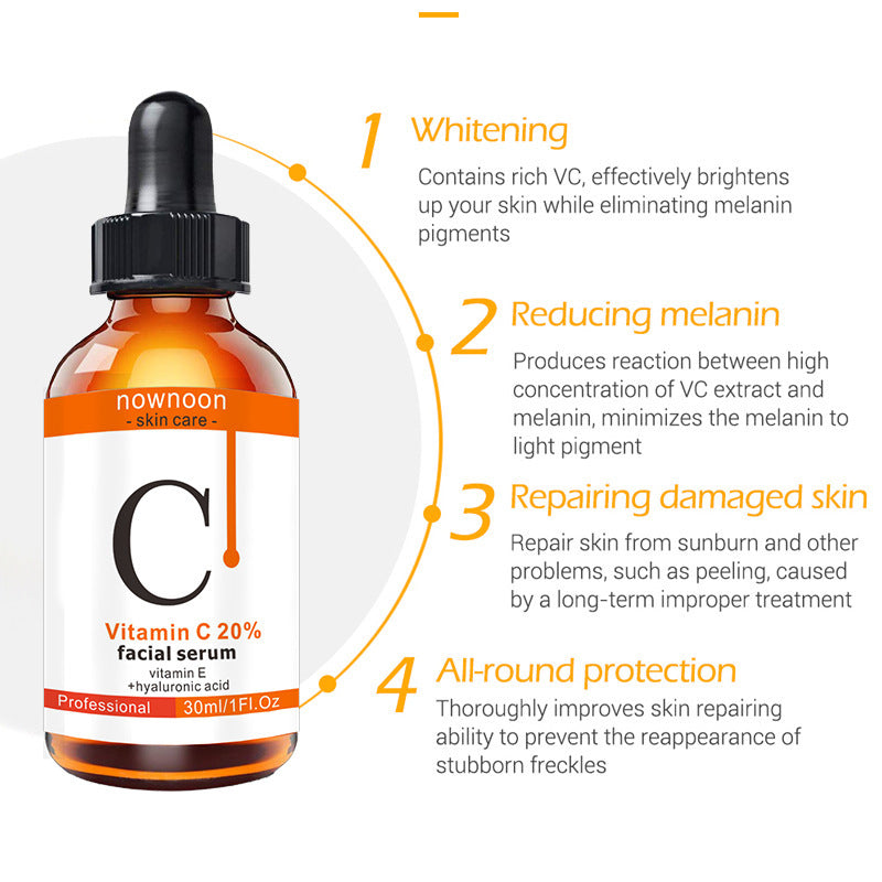 Hyaluronic acid vitamin C serum bottle with dropper highlighting skin whitening and damage repair benefits