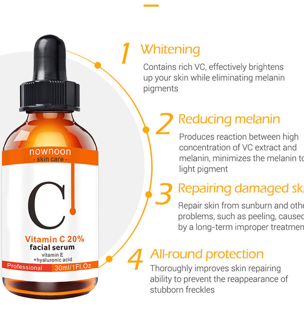 Hyaluronic acid vitamin C serum bottle with before and after images showing improved facial skin texture