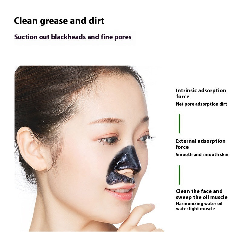 Woman with bamboo charcoal blackhead remover cream mask applied on nose to clean blackheads and dirt