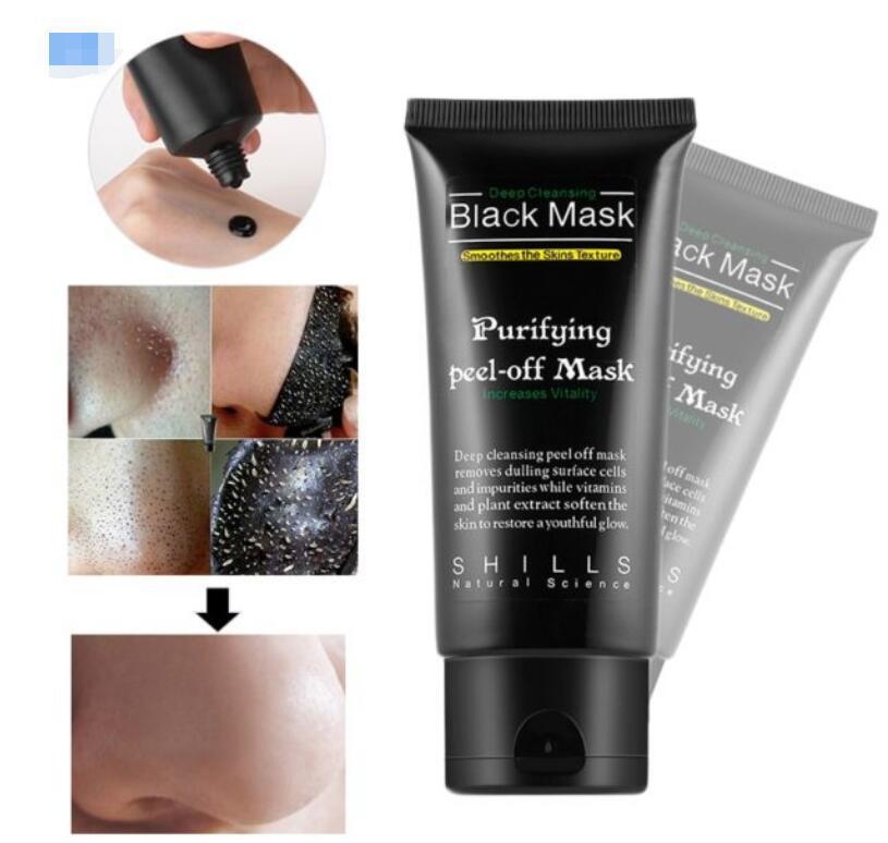 Bamboo charcoal blackhead mask tube with close-up showing black peel-off mask applied and removed from nose pores