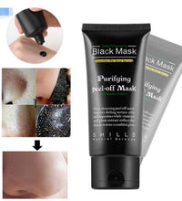 Bamboo charcoal blackhead mask tube with close-up showing black peel-off mask applied and removed from nose pores