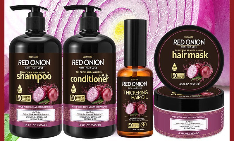 Red onion shampoo for hair growth with anti-hair loss formula in black pump bottle