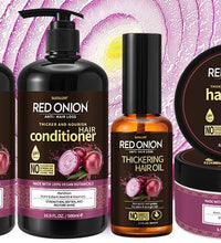 Red onion shampoo for hair growth with anti-hair loss formula in black pump bottle