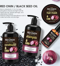 Red onion shampoo for hair growth with conditioner, hair mask, and thickening hair oil featuring black seed oil and natural botanicals
