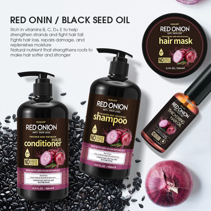 Red onion shampoo for hair growth with conditioner, hair mask, and thickening hair oil for stronger hair