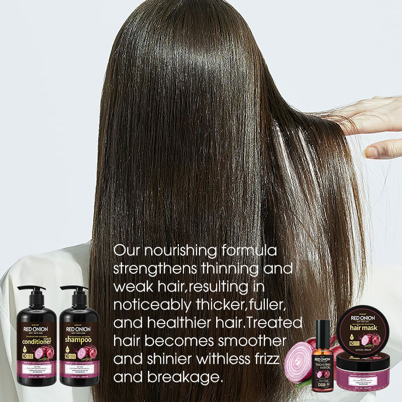 Red onion shampoo for hair growth with nourishing formula shown on long shiny smooth hair