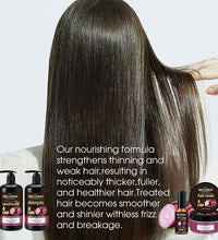Red onion shampoo for hair growth with nourishing formula shown on long shiny smooth hair